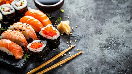 Wall Mural - Assortment of sushi and sashimi with chopsticks on dark, textured surface