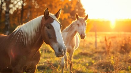 Wall Mural - two horses in field during sunset with golden light background