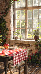 Canvas Print - a red checkered tablecloth against an aged oak table surface, embodying a farmhouse aesthetic with a feeling of welcome.