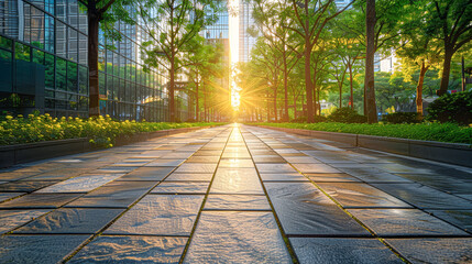 Canvas Print - A crisp morning scene on an urban walkway, the paving stones catching the soft golden light of dawn as it filters through the lush green canopy of trees beside a sleek glass-fronted building.