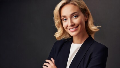 Confident Woman Embracing Black Elegance in Stylish Attire Against Dark Background