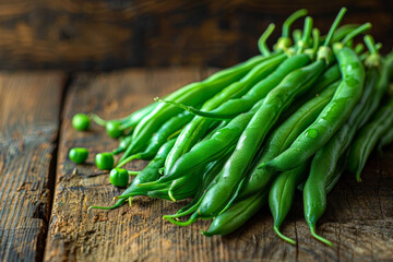 Wall Mural - Fresh Green Beans on Rustic Wooden Table   Macro  of Organic Vegetables