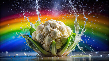 Wall Mural - A dynamic shot of water droplets hitting a cauliflower, resulting in a stunning splash with a rainbow background.