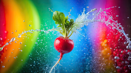 Wall Mural - A close-up photo of a radish being sprayed with water, producing a captivating splash against a vibrant rainbow background.