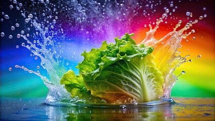 Wall Mural - Close-up view of a lettuce leaf being drenched in water, causing a beautiful splash against a backdrop of a colorful rainbow.