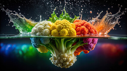 Wall Mural - A cauliflower floret plunging into water, generating a striking splash against a background of vibrant rainbow hues.