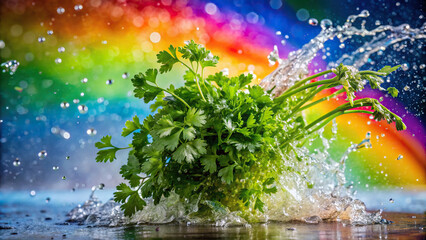Wall Mural - A dynamic photo showcasing the moment water splashes over a bunch of cilantro, with a rainbow background adding vibrancy to the scene.