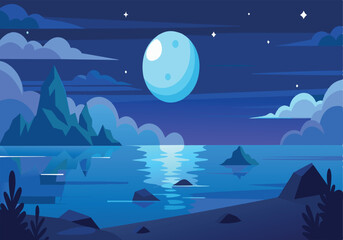 A beautiful night sky with a large blue moon and a calm body of water