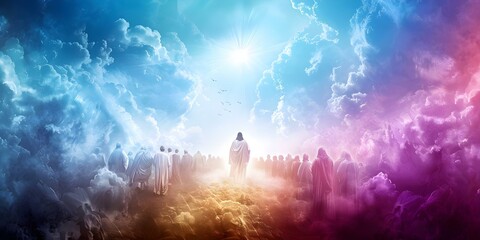 Poster - Jesus Christ Ascends to Heaven in the Presence of His Followers and God. Concept Religious Art, Christian Symbolism, Biblical Story, Spiritual Beliefs, Divine Presence