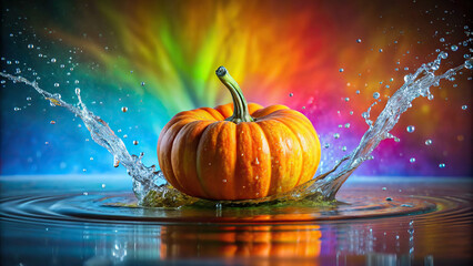 Wall Mural - A pumpkin dropping into water, producing a striking splash against a rainbow-colored background, symbolizing freshness and purity.
