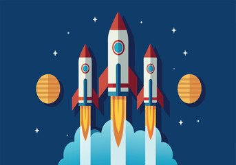 Wall Mural - three rockets are flying in the sky, with one of them having a yellow