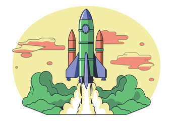 Wall Mural - a green rocket is flying through the sky with a white cloud behind it