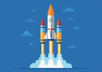 Wall Mural - a rocket is flying through the sky with a blue background