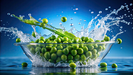 Wall Mural - Close-up of a pile of green peas being poured into water, creating a beautiful splash, set against a serene blue background, evoking freshness