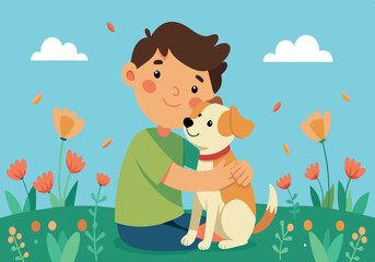 Wall Mural - A boy is sitting on the grass with a dog