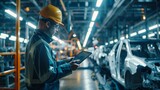 Fototapeta  - An engineer in a safety helmet, part of the modern workforce, uses a tablet to inspect a car factorys production line ensuring quality and efficiency with the help of digital technology