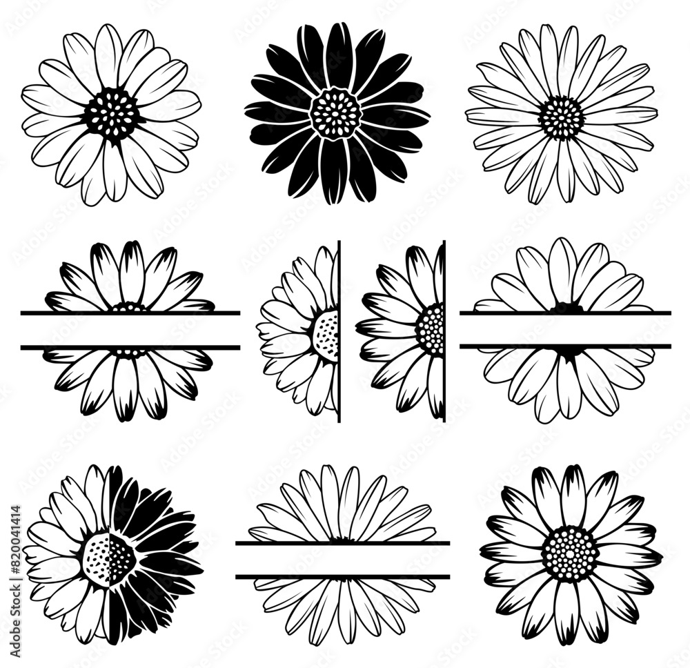 Daisy Flower SVG Bundle, Flower SVG, Monogram SVG, Half