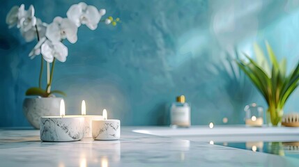 contemporary blue bathroom interior with white marble table and aromatic candles blurred for product display abstract background