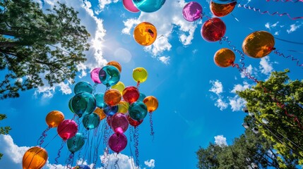 Majestic display of multi-colored balloons, a brilliant blue sky overhead, paradise essence, viewed from below