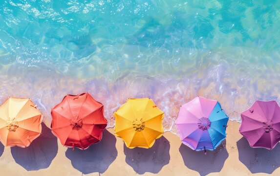 Aerial view of vibrant beach umbrellas lined up on sandy shore with turquoise waves gently lapping at the beach.