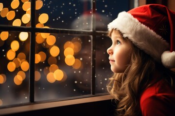 Wall Mural -  6 year old girl looking out her home window wearing a santa claus hat next to a christmas tree on christmas night 