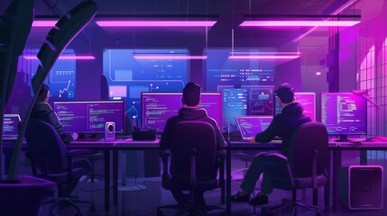 Wall Mural - illustration, employees coding and developing software at their workstations