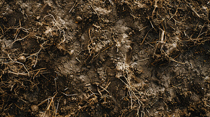 Close-up overhead shot of moist peaty soil, showing the intricate details of decomposed vegetation and organic content, perfect for backgrounds emphasizing fertility and natural growth