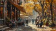© Suradet Rakha - Bustling European city street lined with cafes and old buildings beneath a colorful autumn sky
