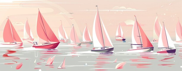 Wall Mural - Sailboats on water tranquil pink and white seascape with clouds in background for travel and relaxation inspiration