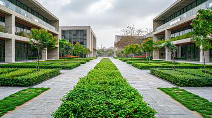 Poster - an urban building with a green corridor leading to it, overcast sky softening the light, a blend of urban and natural elements.