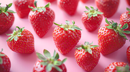 Poster - perfectly ripe strawberries, their red hues and seed textures vivid against a soft pink background, arranged in a symmetrical pattern. The lighting accentuates the glossy finish on the strawberries