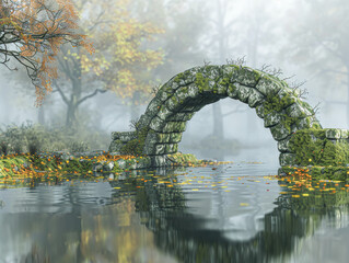 Canvas Print - a moss-covered stone bridge in a misty autumn setting, the crisp air and turning leaves reflecting in the still water beneath.