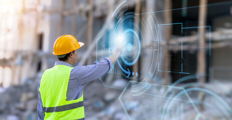 Wall Mural - Engineering technician worker using digital blueprint computer technology, futuristic holographic tech architecture innovation analyzing planning building, wearing safety vest and helmet gears.