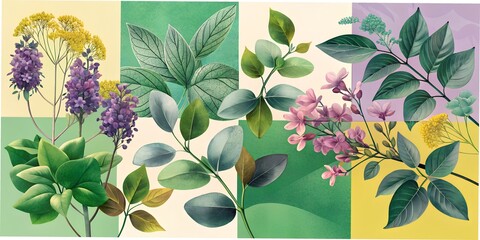 Wall Mural - flowers in the garden collage texture photo fonts pastel tones botanical plants flower green business card, planner, diary, opening, letter purple	