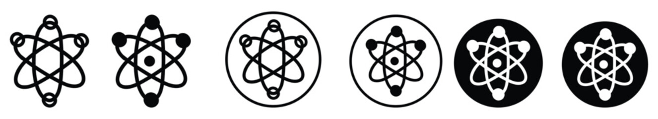 atom icon set. molecule nucleus science vector symbol. physics nuclear research sign. electron, proton, or neutron chemistry icon in black filled and outlined style