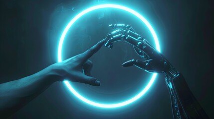 Sticker - Photo of an art piece depicting the creation of Adam, but with robot's hand and human hands reaching towards each other in front of neon blue circle. The background is dark black, highlighting the con