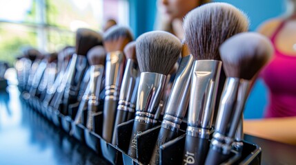 Cosmetic brushes organized on table in beauty salon with makeup artist and client in background