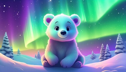 Wall Mural - render cute Baby ice bear with big Eyes, friendly and sitting in a Beautiful Snow landscape with northern lights