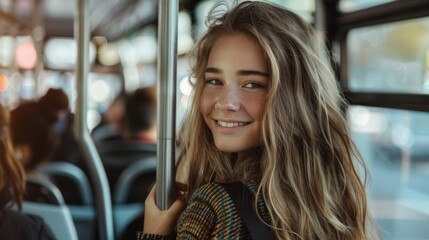 Poster - Young Woman Smiling on Bus