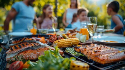 A family enjoying a seafood dinner with grilled salmon fillets, corn on the cob, and fresh salad on a picnic table.