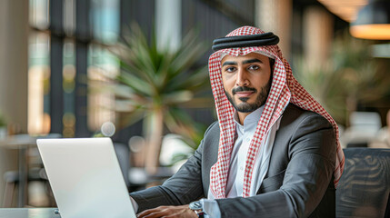 Wall Mural - professional unity, featuring a gentleman in Arabic attire and another in a suit with a laptop, in a sleek office space