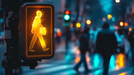 Poster - A pedestrian crossing signal showing a walking figure, with people crossing the street in the background.