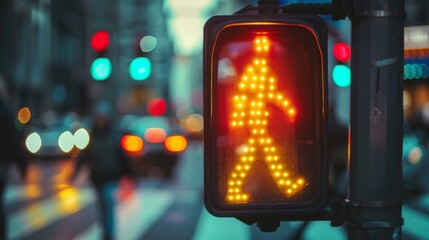 Poster - A pedestrian crossing signal showing a walking figure, with people crossing the street in the background.