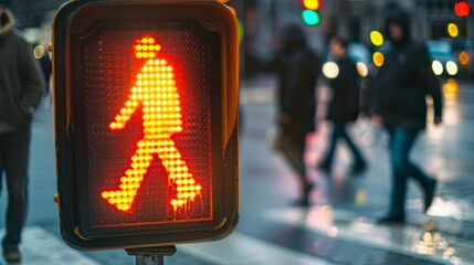 Poster - A pedestrian crossing signal showing a walking figure, with people crossing the street in the background.