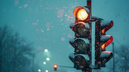 Poster - A traffic light on a snowy day, with the lights clearly visible despite the snowfall covering the surroundings.
