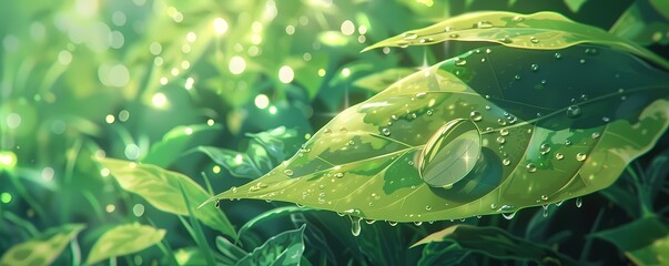 Wall Mural - Morning Dew, A Single Droplet Glistening on a Green Leaf