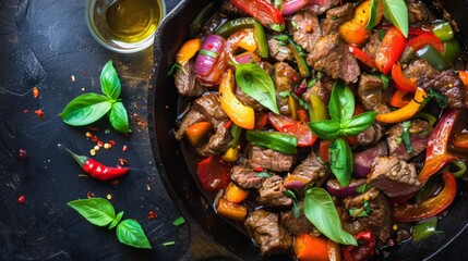 Sticker - Aromatic Thai basil beef stir-fry served in a cast iron skillet, with tender slices of beef, colorful vegetables, and fragrant basil leaves.