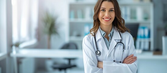 A skilled female doctor in a contemporary office setting, displaying proficiency in the healthcare field. Clad in a white coat and stethoscope, she radiates assurance and expertise