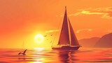 Fototapeta  - Boat or yacht sailing during sunset. Seagulls flying in the orange sky. Tourism and travel concept