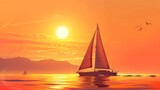 Fototapeta  - Boat or yacht sailing during sunset. Seagulls flying in the orange sky. Tourism and travel concept